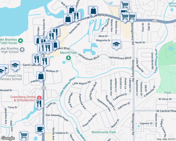 map of restaurants, bars, coffee shops, grocery stores, and more near 696 Youngstown Parkway in Altamonte Springs