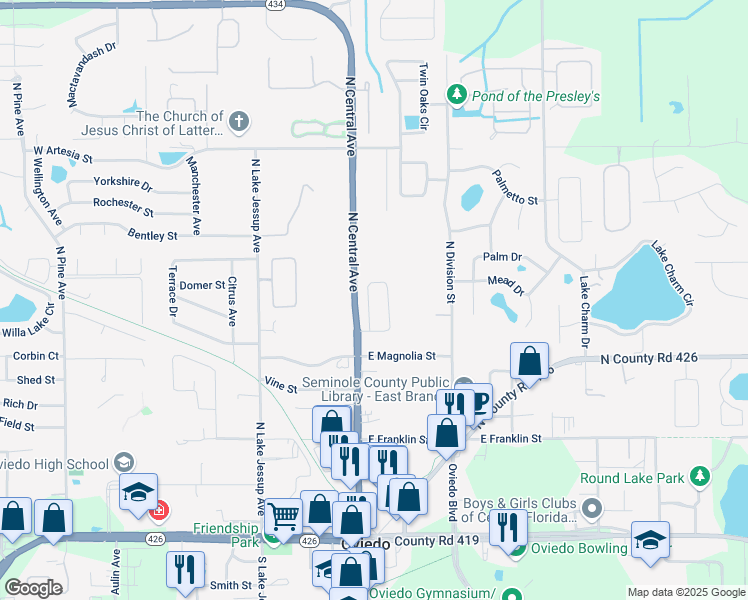map of restaurants, bars, coffee shops, grocery stores, and more near 57 Sweetwater Creek Circle in Oviedo