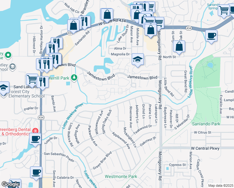 map of restaurants, bars, coffee shops, grocery stores, and more near 537 Little Wekiva Road in Altamonte Springs
