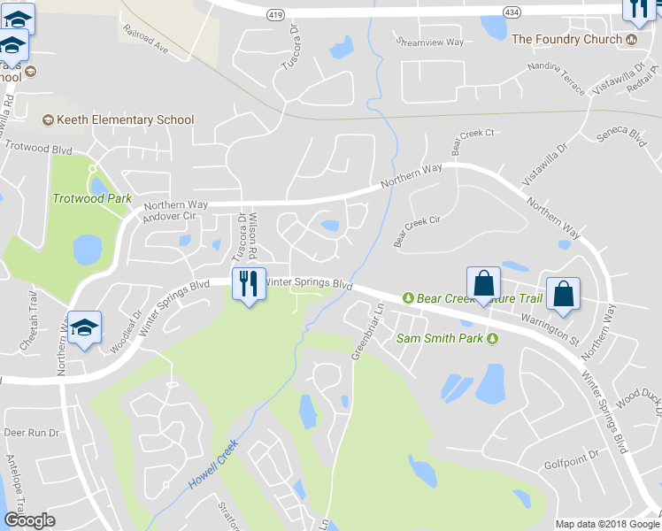 map of restaurants, bars, coffee shops, grocery stores, and more near 1437 Spalding Road in Winter Springs