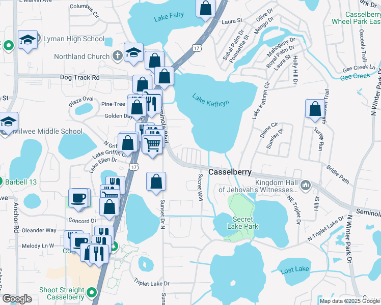 map of restaurants, bars, coffee shops, grocery stores, and more near 433 D Street in Casselberry