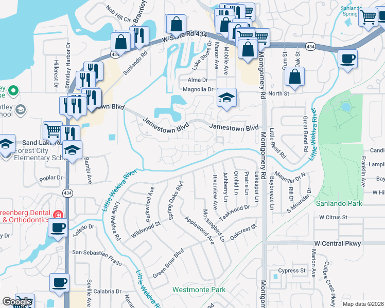 map of restaurants, bars, coffee shops, grocery stores, and more near 537 Little Wekiva Road in Altamonte Springs
