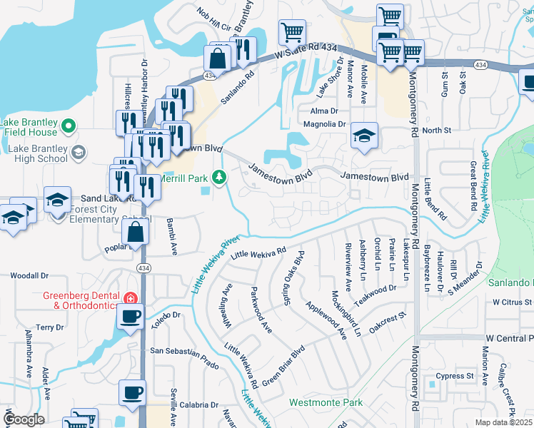 map of restaurants, bars, coffee shops, grocery stores, and more near 698 Roaring Drive in Altamonte Springs