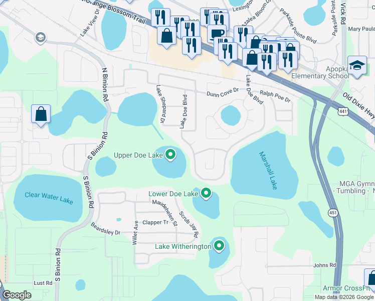 map of restaurants, bars, coffee shops, grocery stores, and more near 801 Lake Doe Boulevard in Apopka