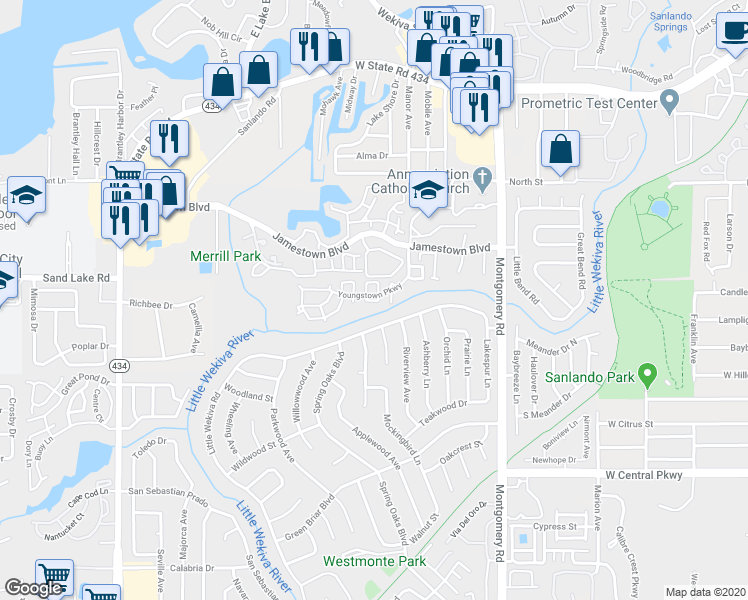 map of restaurants, bars, coffee shops, grocery stores, and more near 601-699 Cambridge Way in Altamonte Springs