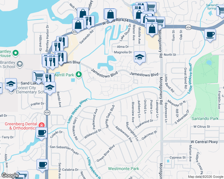 map of restaurants, bars, coffee shops, grocery stores, and more near 650 Youngstown Parkway in Altamonte Springs