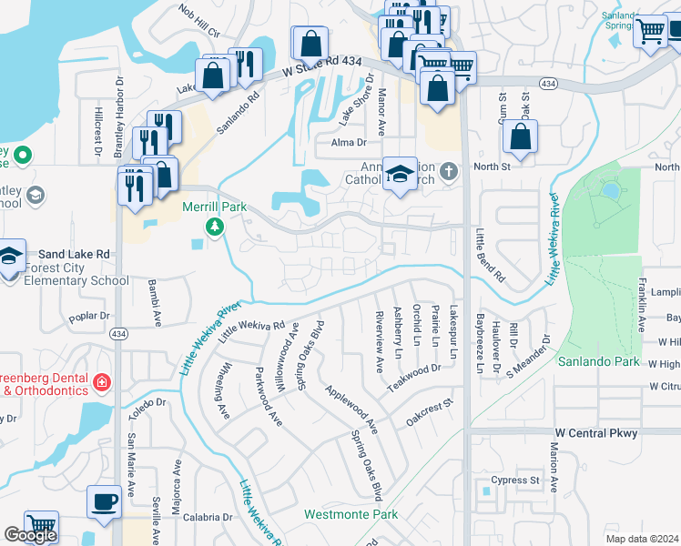 map of restaurants, bars, coffee shops, grocery stores, and more near 630 Steamboat Court in Altamonte Springs