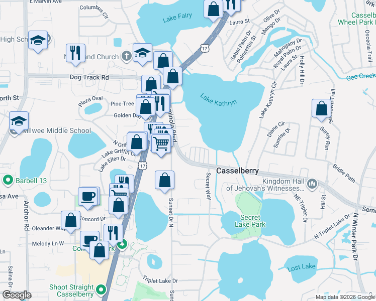 map of restaurants, bars, coffee shops, grocery stores, and more near 417 Rain Lily Cove in Casselberry