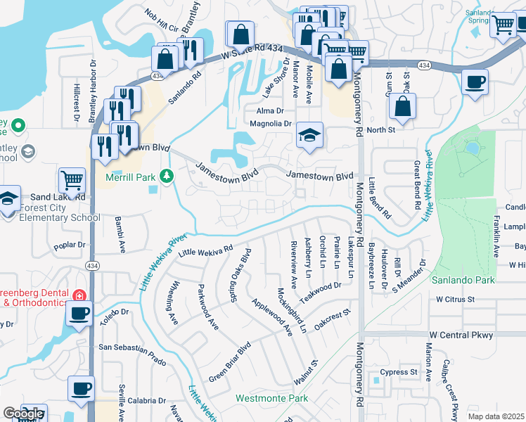 map of restaurants, bars, coffee shops, grocery stores, and more near 73 Greencove Terrace in Altamonte Springs