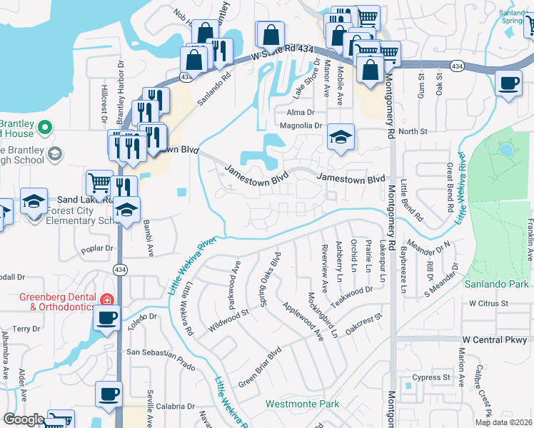 map of restaurants, bars, coffee shops, grocery stores, and more near 678 Jamestown Boulevard in Altamonte Springs