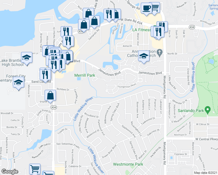 map of restaurants, bars, coffee shops, grocery stores, and more near 695 Youngstown Parkway in Altamonte Springs