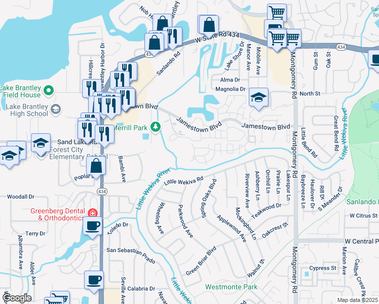 map of restaurants, bars, coffee shops, grocery stores, and more near 695 Youngstown Parkway in Altamonte Springs