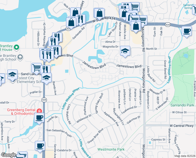 map of restaurants, bars, coffee shops, grocery stores, and more near 678 Jamestown Boulevard in Altamonte Springs