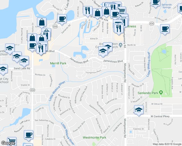 map of restaurants, bars, coffee shops, grocery stores, and more near 44 Youngstown Parkway in Altamonte Springs