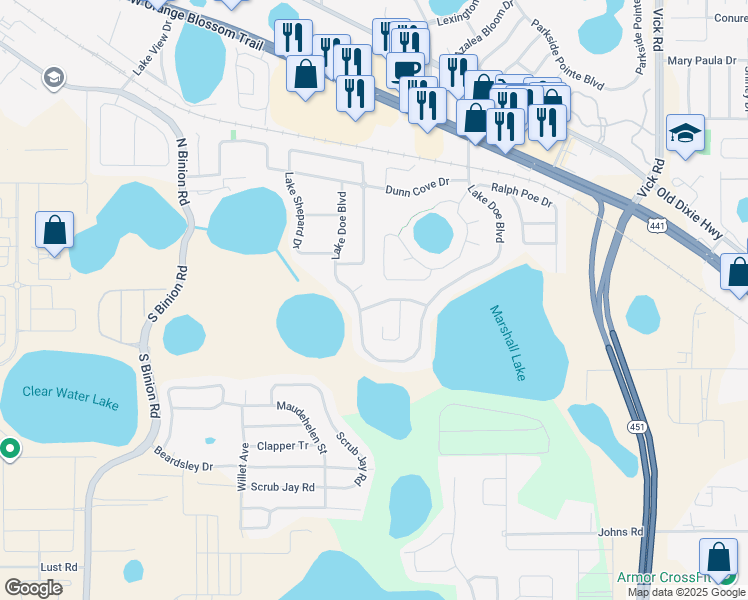 map of restaurants, bars, coffee shops, grocery stores, and more near 1835 Doe Lake Court in Apopka