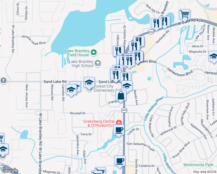 map of restaurants, bars, coffee shops, grocery stores, and more near 10071 Sand Lake Road in Altamonte Springs