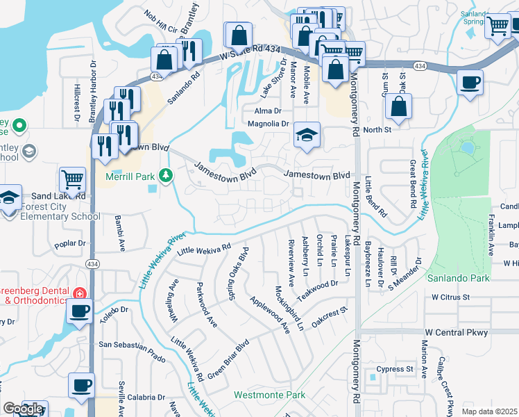 map of restaurants, bars, coffee shops, grocery stores, and more near 40 Youngstown Parkway in Altamonte Springs