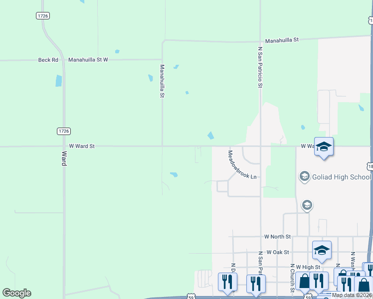map of restaurants, bars, coffee shops, grocery stores, and more near 1021 West Ward Street in Goliad
