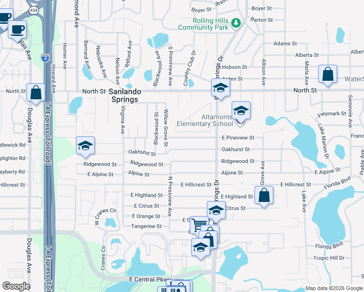 map of restaurants, bars, coffee shops, grocery stores, and more near 416 East Pineview Street in Altamonte Springs