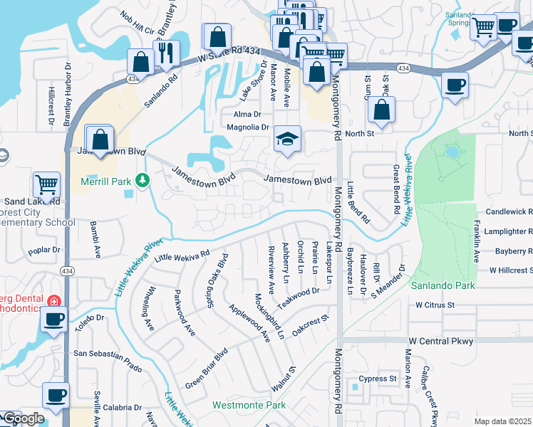map of restaurants, bars, coffee shops, grocery stores, and more near 590 Bloomington Court in Altamonte Springs