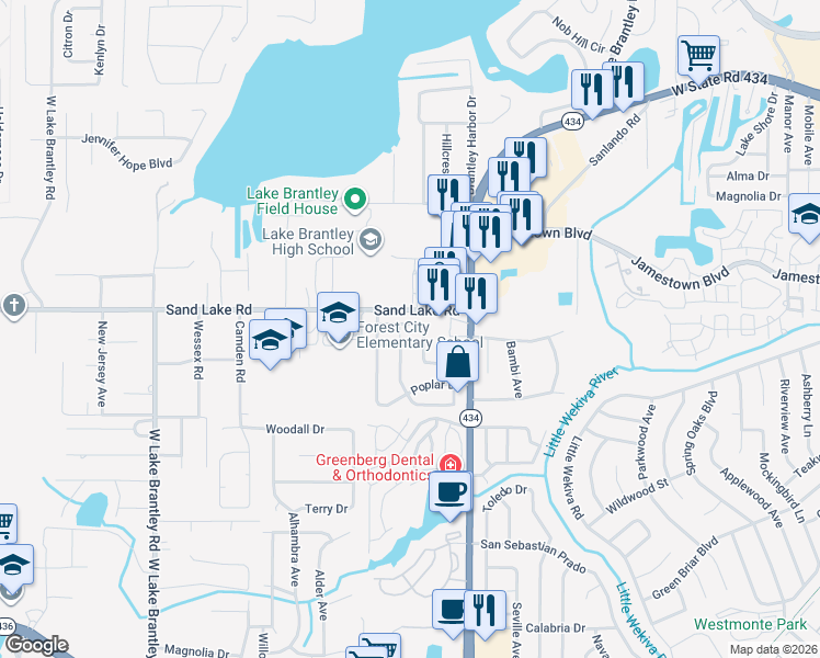 map of restaurants, bars, coffee shops, grocery stores, and more near 10071 Sand Lake Road in Altamonte Springs