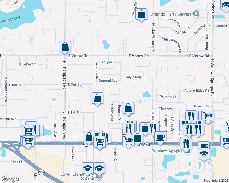 map of restaurants, bars, coffee shops, grocery stores, and more near 1547 Faircloth Court in Apopka