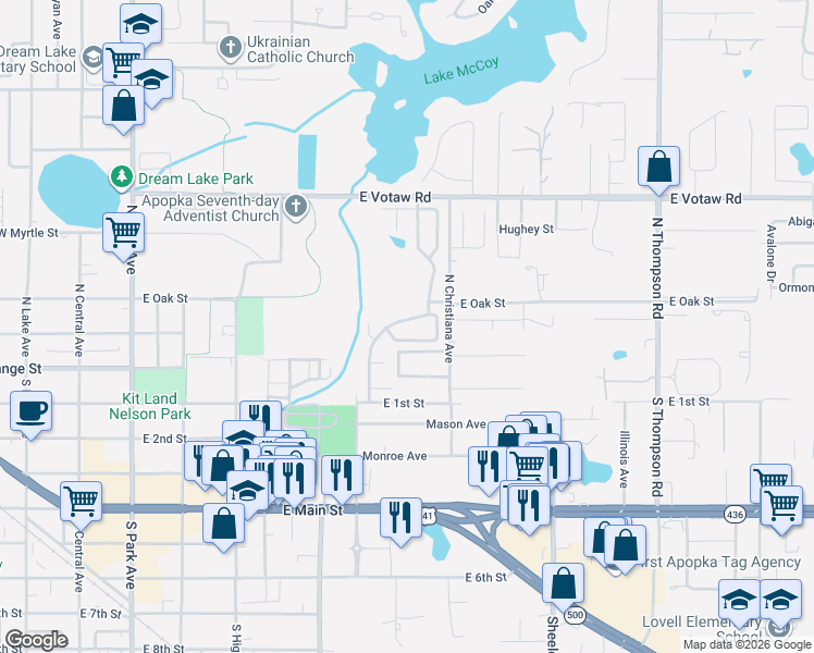 map of restaurants, bars, coffee shops, grocery stores, and more near 170 North Cervidae Drive in Apopka