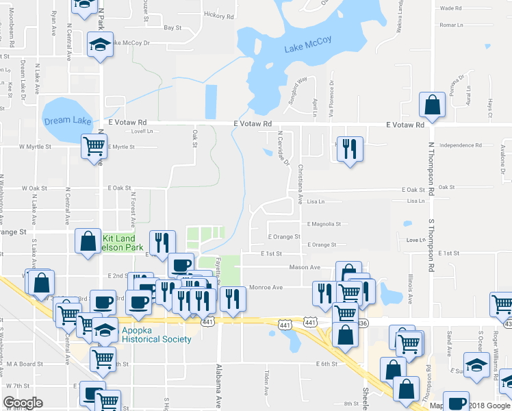 map of restaurants, bars, coffee shops, grocery stores, and more near 132 North Cervidae Drive in Apopka