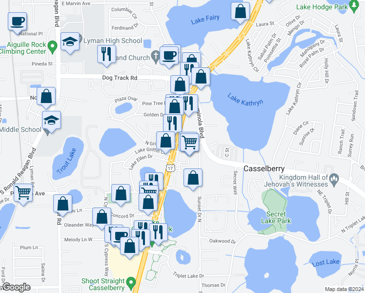 map of restaurants, bars, coffee shops, grocery stores, and more near 3315 South US Highway 17 92 in Casselberry