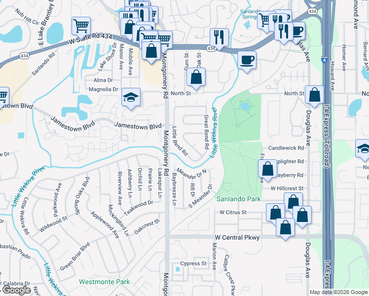 map of restaurants, bars, coffee shops, grocery stores, and more near 885 Breakwater Drive in Altamonte Springs