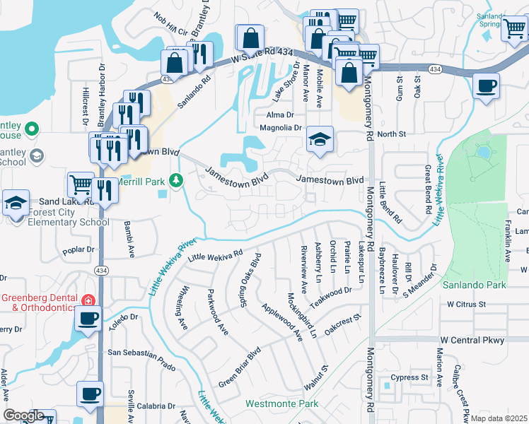 map of restaurants, bars, coffee shops, grocery stores, and more near 678 Jamestown Boulevard in Altamonte Springs