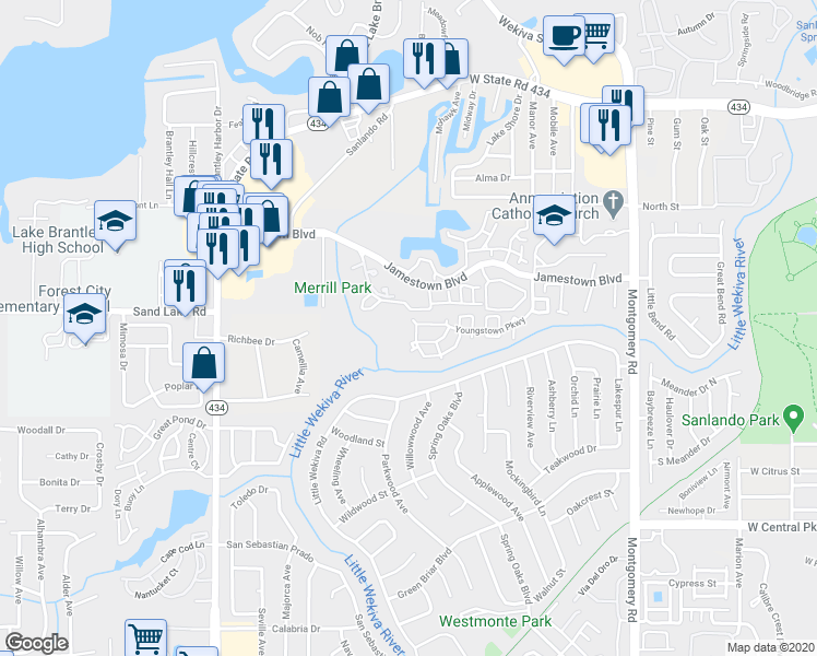 map of restaurants, bars, coffee shops, grocery stores, and more near 695 Youngstown Parkway in Altamonte Springs