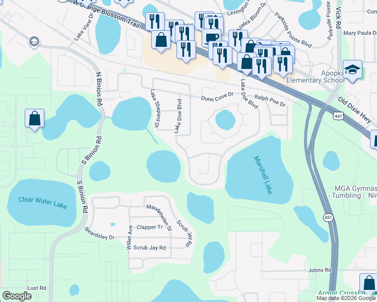 map of restaurants, bars, coffee shops, grocery stores, and more near 818 Lake Doe Boulevard in Apopka