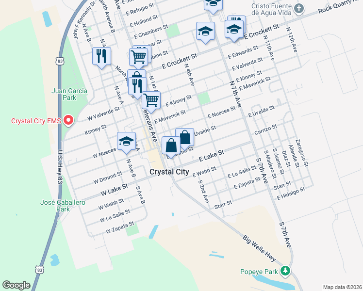 map of restaurants, bars, coffee shops, grocery stores, and more near 200 East Uvalde Street in Crystal City