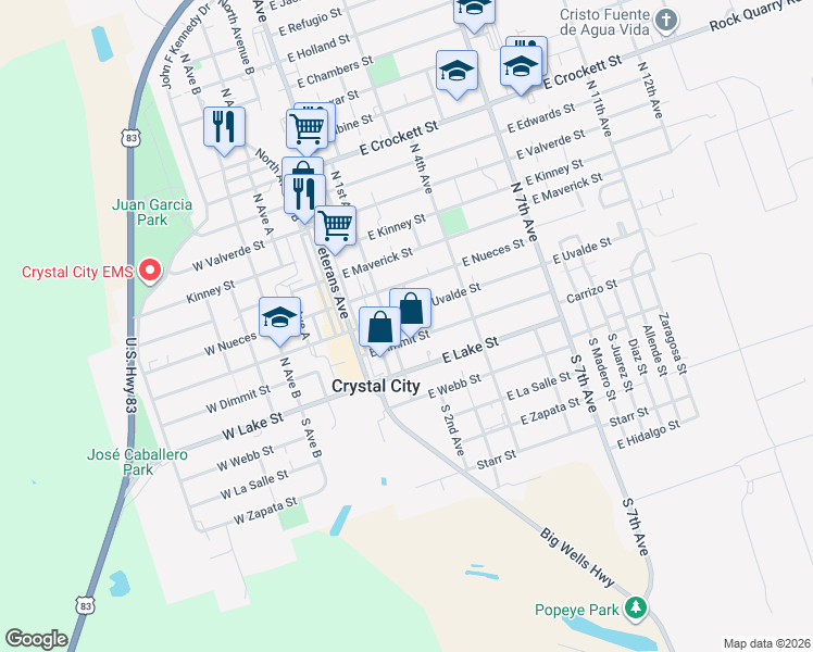 map of restaurants, bars, coffee shops, grocery stores, and more near 200 East Uvalde Street in Crystal City