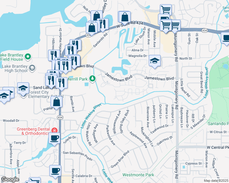 map of restaurants, bars, coffee shops, grocery stores, and more near 705 Youngstown Parkway in Altamonte Springs
