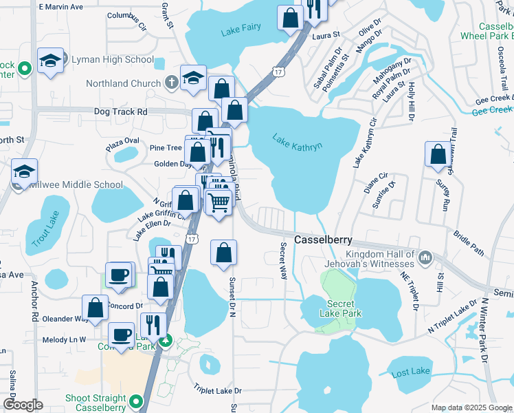 map of restaurants, bars, coffee shops, grocery stores, and more near 417 Rain Lily Cove in Casselberry