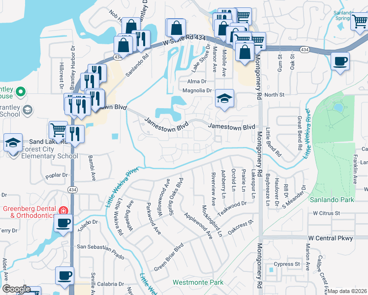 map of restaurants, bars, coffee shops, grocery stores, and more near 678 Jamestown Boulevard in Altamonte Springs