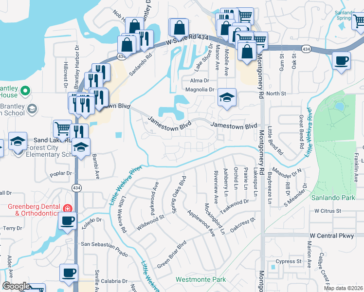 map of restaurants, bars, coffee shops, grocery stores, and more near 678 Jamestown Boulevard in Altamonte Springs