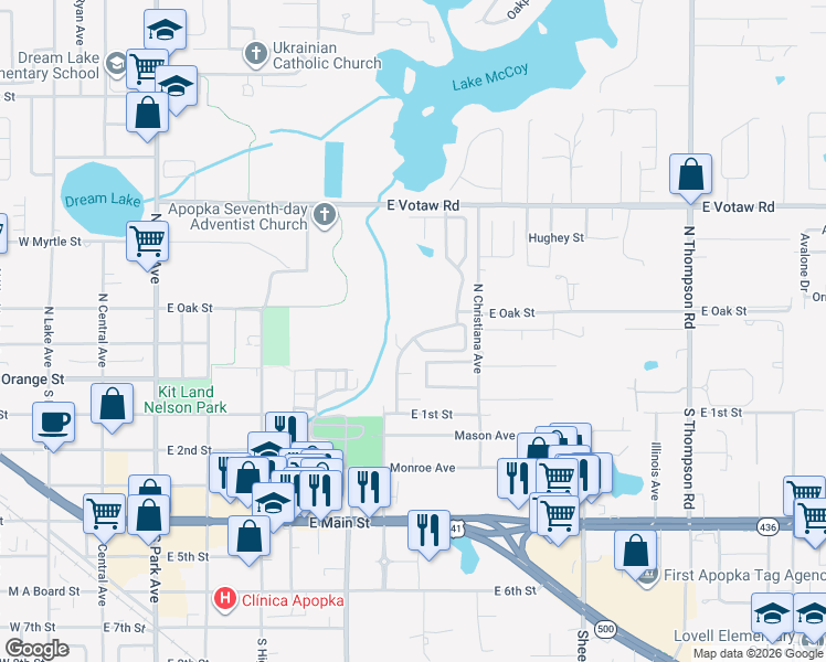 map of restaurants, bars, coffee shops, grocery stores, and more near 132 North Cervidae Drive in Apopka