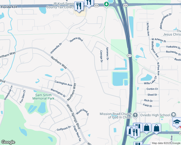 map of restaurants, bars, coffee shops, grocery stores, and more near 1754 Seneca Boulevard in Winter Springs