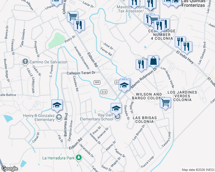 map of restaurants, bars, coffee shops, grocery stores, and more near 1840 Eidson Road in Eagle Pass
