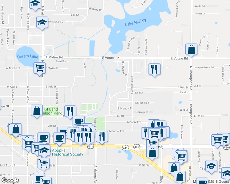 map of restaurants, bars, coffee shops, grocery stores, and more near 132 North Cervidae Drive in Apopka