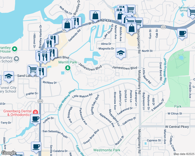 map of restaurants, bars, coffee shops, grocery stores, and more near 655 Magic Court in Altamonte Springs