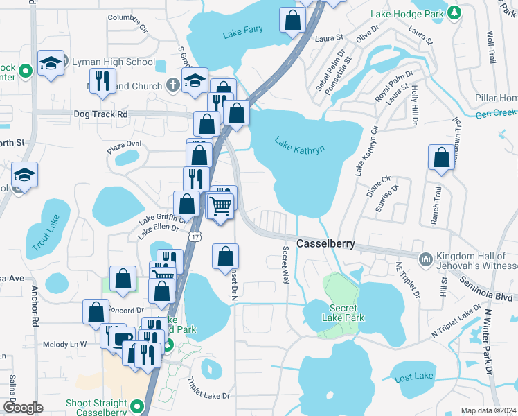 map of restaurants, bars, coffee shops, grocery stores, and more near 417 Rain Lily Cove in Casselberry