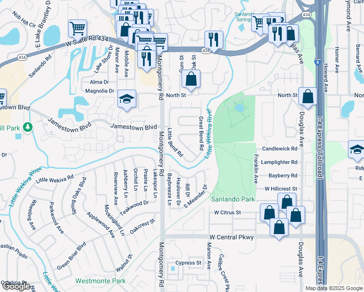 map of restaurants, bars, coffee shops, grocery stores, and more near 885 Breakwater Drive in Altamonte Springs
