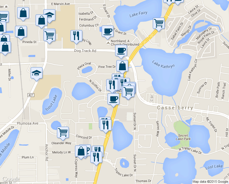 map of restaurants, bars, coffee shops, grocery stores, and more near 91 N Griffin Dr in Casselberry