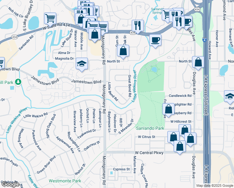 map of restaurants, bars, coffee shops, grocery stores, and more near 885 Breakwater Drive in Altamonte Springs