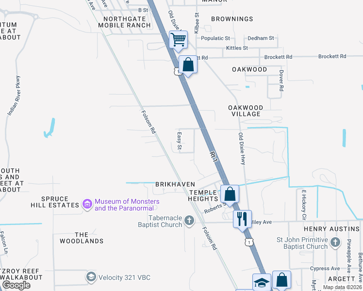 map of restaurants, bars, coffee shops, grocery stores, and more near 2954 Easy Street in Mims