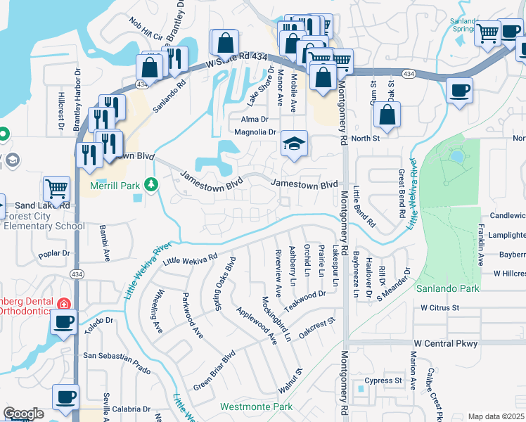 map of restaurants, bars, coffee shops, grocery stores, and more near 73 Greencove Terrace in Altamonte Springs